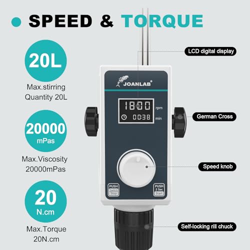 Joanlab JLOS-15S-SET Overhead Stirrer Set 20L 20000 Mpas Digital Overhead Mixer Lab Stirrer W/Stirring Rods 100-1500Rpm Timing 1Min-24H thumb #5