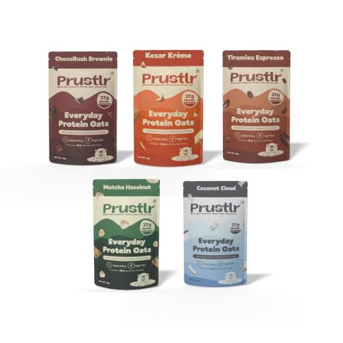Image of Prustlr Protein Oats - Variety Pack of 5 | 27g Protein per 60g Serve | ChocoRush Brownie, Tiramisu Espresso, Matcha Hazelnut, Coconut Cloud, Kesar Kreme | Use as Overnight Oats or Instant (5 min dip)