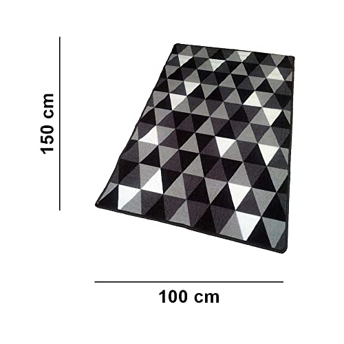 Image of Matz&More Geometric Modern Triangles Rug | 100x150 CM | Grey Black | Soft Nylon Loop Pile with Anti-Slip Gel Backing | Living Room, Bedroom & Office Floor Carpet
