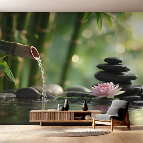 Générique Papier Peint Panoramique Zen Stone, Papier Peint Forêt de Bambou Lotus Fond pour Chambre Wallpaper, Fresque Murale pour Salon Salle Deco Murale,...