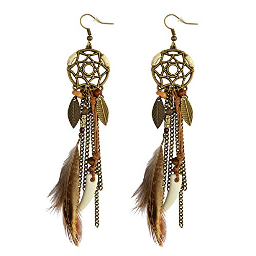 Vintage Ethnic Long Tassel Feather Beads Dream Catcher Drop Earrings Punk Wolf Tooth Pendant Bohemia Dreamcather Earring - Main Image