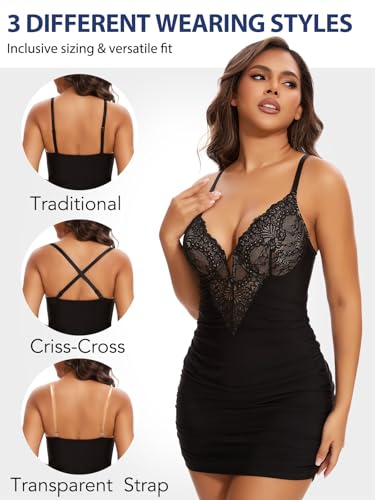 SHAPERIN Shapewear Dress Sexy Deep V Neck Lace Corsets Tops Ruched Bodycon Cocktail Party Mini Dresses for Women4