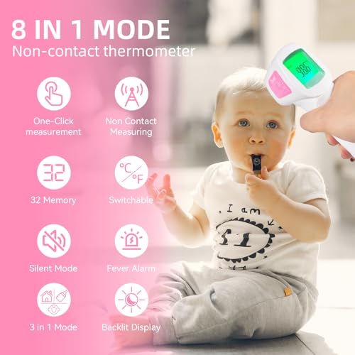 Image of Non-Contact Forehead Thermometer for Adults, Kids & Baby, 3-in-1 Digital Thermometer for Body, Object & Room Temperature, 1-Second Accurate Reading, Fever Alert, Silent Mode