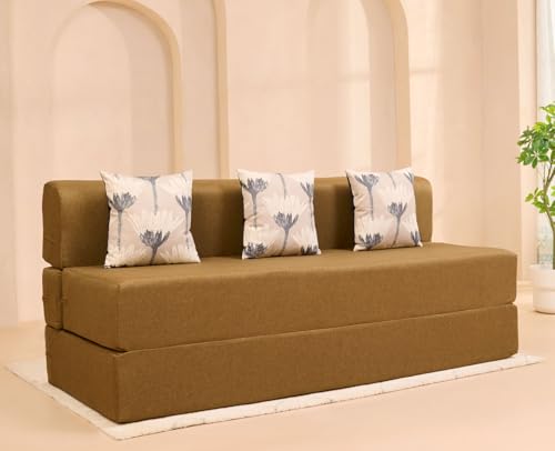 Image of uberlyfe Xtra High, Xtra Soft 3 Seater (6' x 6') Sofa Cum Bed | 1 Year Warranty | 17 inch Sofa Height | King Size Foldable Bed | Water Repellent Fabric | 3 Cushions Bloom Pattern | Rodhouse Brown Color