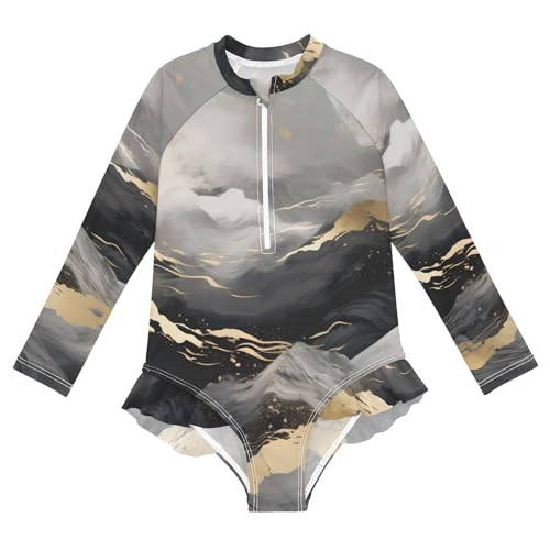 ALAZA Swimsuit for Girls Long Sleeve Rashguard Bathing Suit Marble Gold Gray Quick Dry 4T
