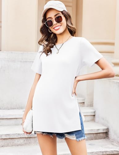 Ekouaer Maternity Shirts Short Sleeve Pregnancy Tops T Shirt Split Side Casual Crewneck Pregnant Tunic Tee Blouses Clothes White Medium thumb #2