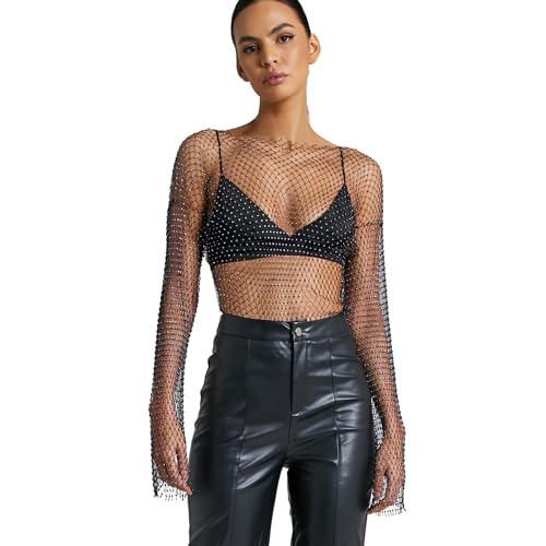 Rhinestone Crystal Crop Top, Long Sleeve Mesh Body Chains, See Through Mesh Diamond Fishnet Shirts Outfits