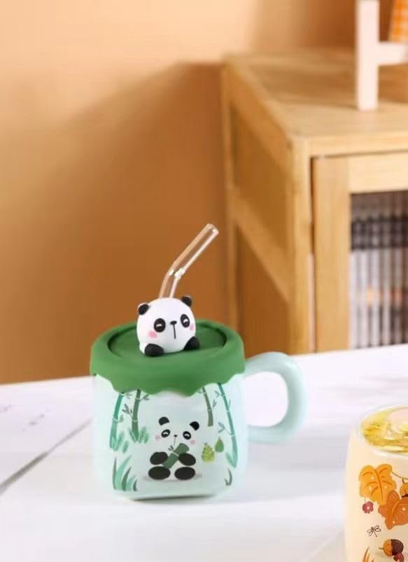 Image of Coffee Mug, Gift for Woman, Birthday Present for Girlfriend, Present for Wife Birthday, Mugs for Present, Holi Gifts, Panda Mug with Lid & Spoon Mug For Kids (PANDA Green)
