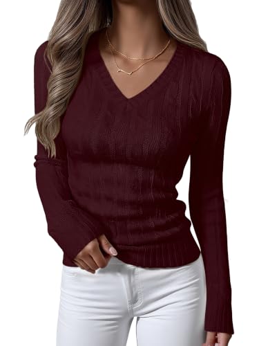 Image of ANRABESS Women's Cable Knit V Neck Fitted Sweaters
