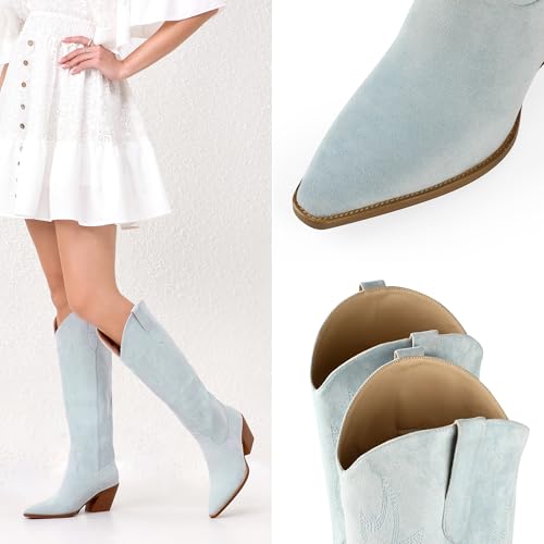 Image of iiimmu Cowgirl Boots Women Knee High Boots Pointed Toe and Block Heel Cowboy Suede and Faux Leather Boots with Embroidered