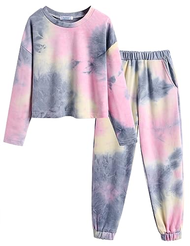 Image of Arshiner Girls 2 Piece Outfits Kids Tie Dye Sweatsuits Set Long Sleeve Shirt and Pants Set Size 5-14 Y