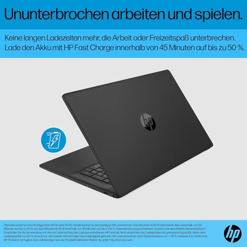 HP Laptop mit 17,3 HD+ Display, Intel Celeron N4500120, 8 GB DDR4 RAM | 256 GB SSD, Intel UHD-Grafik, Windows 11, QWERTZ Tastatur, Schwarz