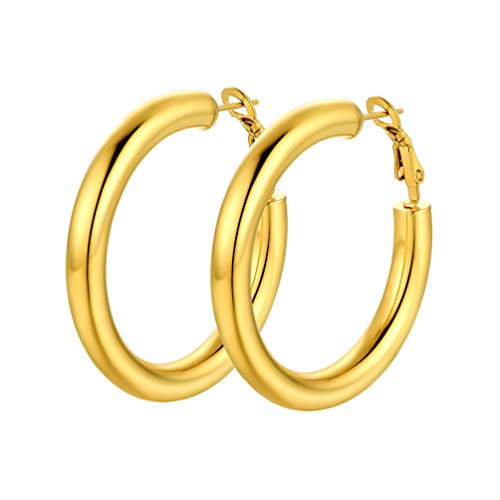 Image of Stainless Steel Chunky Hoop Earrings For Women, Minimalist and Chic, Black /Gold Plated, Round Hoops Earrings Hypoallergenic, Size: 30mm /40mm /60mm /80mm, Come with Box