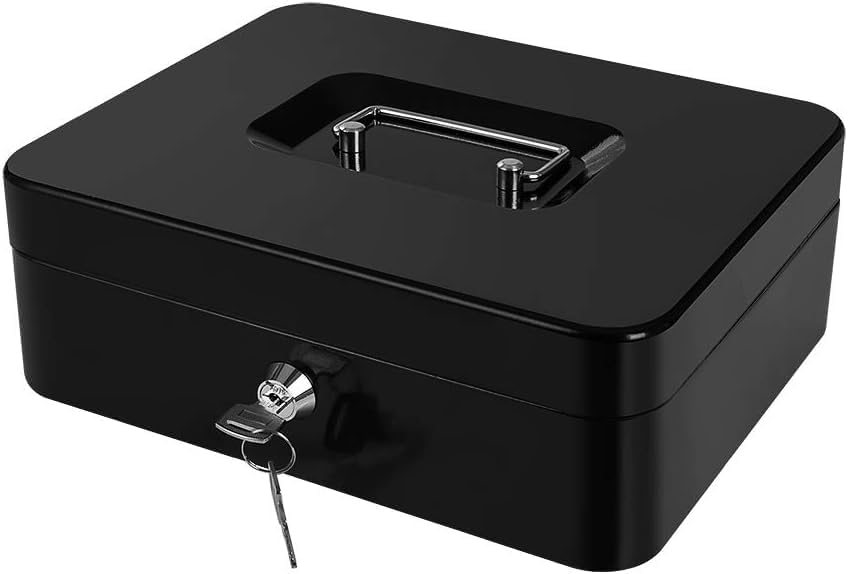 Steel Cash Money Safe Box | Lockable Security Cash Box with 2 Keys | Removable Coin Tray with 5 Coin Sections & 1 Bill Section |(4 Liter) Compact 8 Inch (Black)-image-35
