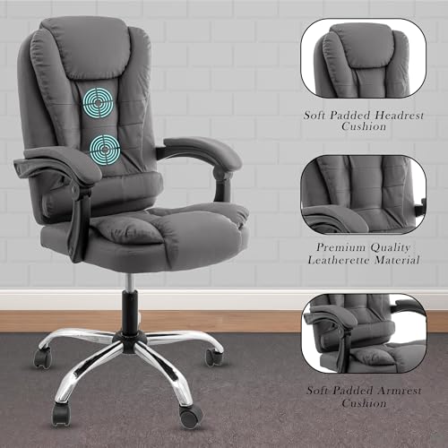 Image of Casa Copenhagen Italia Premium Leatherette Office Chair for Work | Boss Chair, Ergonomic Executive, Luxurious Cushioned Arms & Seat, 2 Point Back Massager, Heavy Duty Metal Base (Grey)