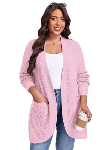 Image of LARACE Long Cardigans for Women Plus Size Tops Open Front Sweaters with Pockets Waffle Ribbed Sleeve Loose Fall Outwear
