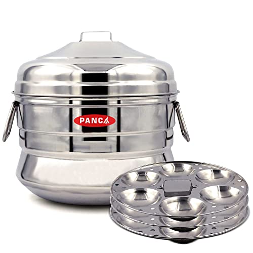 PANCA Stainless Steel Idli Maker 3 Plate Premium Idli Cooker, 18 Idli Cavitiies, Idli Panai Steamer Premium (18 Idli Big), 15 Liter, Pack of 1
