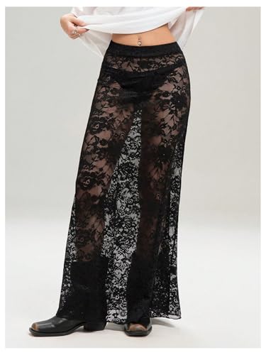 GORGLITTER Women's Lace Goth Bodycon Maxi Skirts Y2K High Waisted Sheer See Through Gothic Long Skirts2