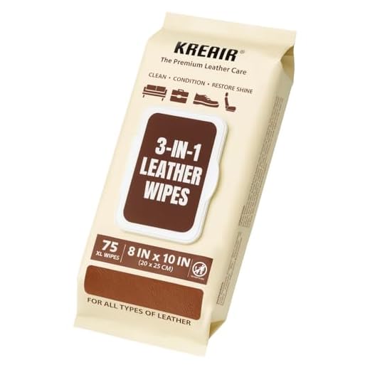 Kreair 3in1 Leather Wipes 75 XL Count, Clean, Condition & Restore Shine, Extra-Large 8"x10" Wipes for Car Seats, Shoes, Furniture & Bags, Thick, Durable & Non-Linting, Safe for All Leather Types