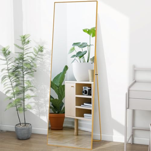 Lazyspace Miroir de corps entier, 162 x 53 cm, Miroir debout HD doré avec cadre en alliage d'aluminium, miroir mural en verre trempé, grand miroir au sol pour la chambre, garde-robe, salon, dressing