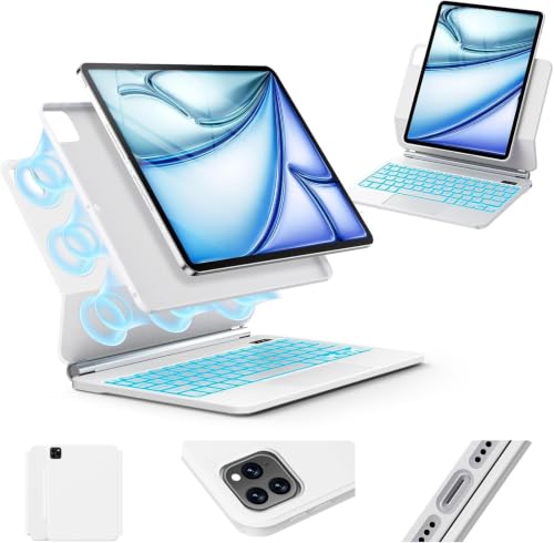 Image of Keyboard Case for iPad Air 13 inch (M4 /2026 /M3 2025 /M2, 2024),iPad Pro 12.9 inch (3 /4 /5 /6th Gen),Easy-Set Magnetic Stand- 7-Color Backlit - Removable Cases with Multi-Touch Trackpad Keyboard (White)