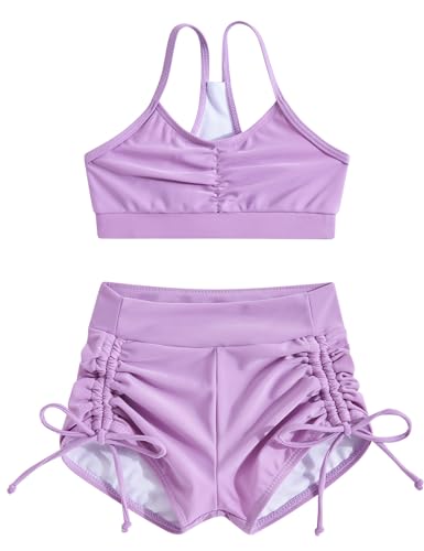 Image of Funnycokid Girls Swimsuit 3 Pieces Zip Rash Guard Bathing Suits Set Kids Bikini Boyshort Summer Swimwear 3-14 Years