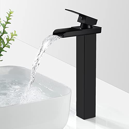 SINKTORY Robinet Salle Bain Cascade Noir Mat, Mitigeur Lavabo Cascade Haut, Robinet Lavabo avec bec Hauteur, Robinetterie Vasque à Poser Carré en Laiton, Eau Froide & Chaude Disponible, G 3/8
