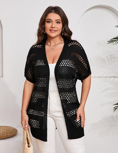 Summer Crochet Cardigan Plus Size Women Short Sleeve Open Front Knitted Cardigans Lightweight Cover Up for Beach4