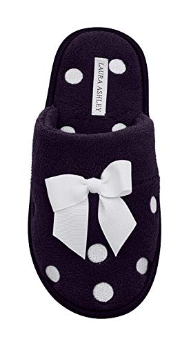 Laura Ashley Ladies Dot Embroidered Soft Terry Plush Scuff Slippers Dark Violet