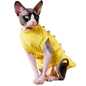DENTRUN Sphynx Cat Clothes, Cute Dinosaur Design Hairless Cat Costume, Breathable Cotton Shirts Cat Clothes for Cats Only, Round Collar Kitten Daily T-Shirts with Sleeves, Cats Funny Cosplay Apparel