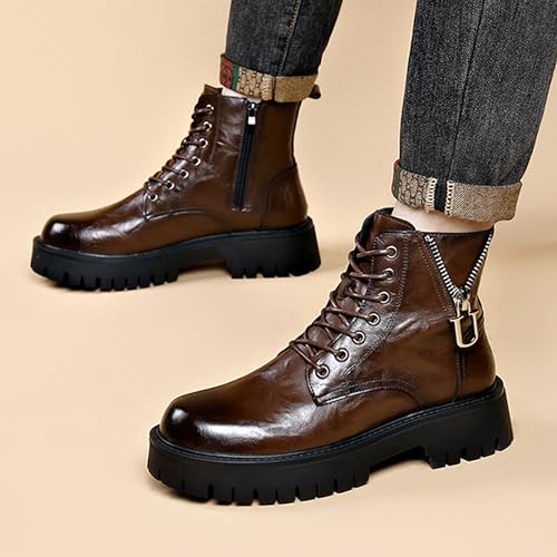 Men'S Genuine Leather Platform Combat Boots Fashion Lace Up Side Zipper Lug Sole Non-Slip High Top Motorcycle Boots Comfort Outdoor Waterproof Soft Sole Work Ankle Booties4