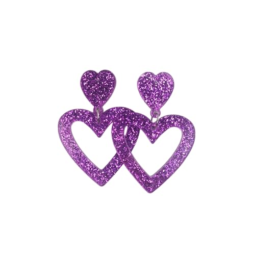Image of COLORFUL BLING Sparkling Acrylic Heart Earrings for Women Glitter Double Heart Dangle Drop Earrings 70s 80s Jewelry Accessories Valentines Birthday New Year Gift for Women,Lightpurple