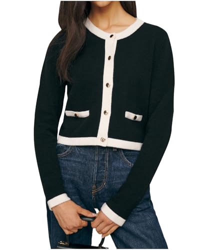 Women's Cropped Cardigan Sweaters Color Blocked Open Front Lightweight Button Down Knit Lady Jackets