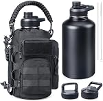64 oz Insulated Water Bottle with Sleeve, Half Gallon Stainless Steel Tactical Water Jug Large Military Water Bottle with 3-IN-1 Pouch/3 Lids/Straw/Paracord Handle for Gym, Camping, Workout (Black)