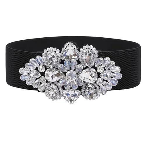 Elastic Rhinestone Belts for Women-Crystal Wide Stretchy Belts for Dress, Cinturones para Mujer, Black