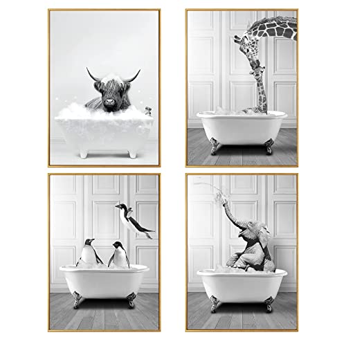 WADBTP Cuadros de baño, imágenes en blanco y negro, imágenes divertidas de animales en la bañera para sala de estar, baño, dormitorio, decoración, sin marco, (4 unidades DW3, 4 unidades, 30 x 40 cm)
