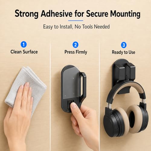Image of BendJoy Headphone Stand for Desk, No Drill Sticky Headset Hook, Wall Mount Headphone Holder for AirPods Max and All Headphones, PC Gaming Accessories for Student Dorm and Computer Setup