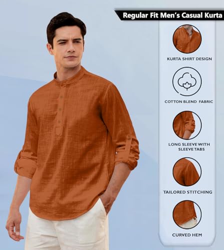 Image of Zombom Men's Solid Cotton Polyester Blend Straight Kurta Shirt, Regular Fit Full Sleeve Short Kurta Shirt