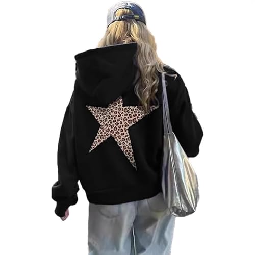 Generisch Sudadera con capucha para mujer con estampado de estrellas, estampado de leopardo, ropa de calle, sudadera de invierno, cómoda para el día a día, informal y casual, Negro , 3XL