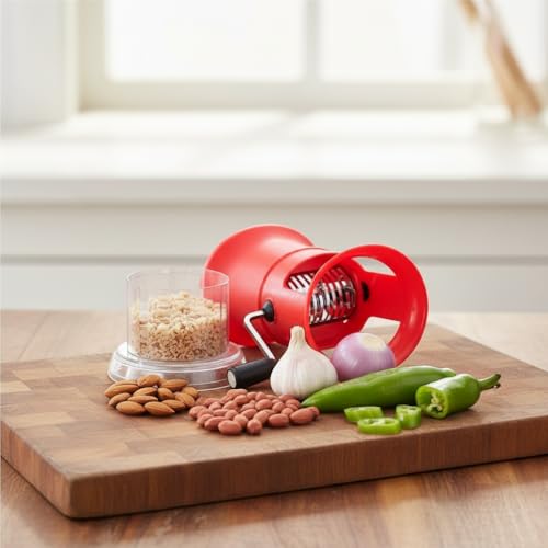 Image of Smart Chilly & Dry Fruit Cutter for Kitchen, Manual Oval Plastic Chopper with Stainless Steel Blades, Onion, Garlic, Vegetable, Mirchi & Peanut Cutting Machine (RED)