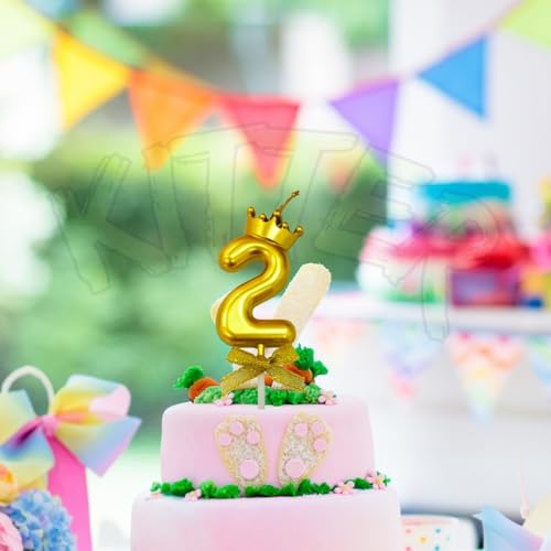 Image of KITTER 1 Pc 2 Number Metallic Gold Candle for Birthday Cake, 2 Number Candle with Crown on Top for 2nd Birthday Anniversary Cake Topper Cake Decoration (Pack of 1 piece)