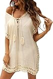 Cysincos Swimsuit Cover Ups for Women Crochet Chiffon Swim Coverup V Neck Off Shoulder Hollow Out Summer Beach Cover Up Dress Beige Plus Size