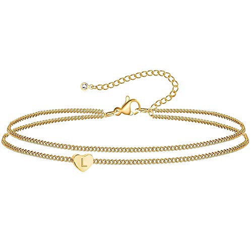 WIGERLON Heart Initial Ankle Bracelets for Women, 14K Gold Plated Dainty Layered Anklet Letter Ankle Bracelets for Girl Gold L