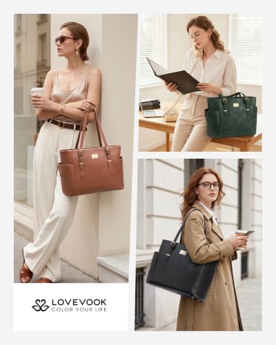 Image of LOVEVOOK Laptop Tote Bag for Women, Vintage Leather 15.6 Inch Work Tote with Large Water Bottle Pocket, Teacher Nurse Professional Computer Bag, Office Briefcase Handbag Gift, Black