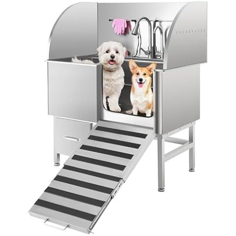 Dog Washing Station, 50 Inch Professional Stainless Steel Dog Bathing Station, Dog Grooming Tub for Large, Medium & Small Dogs, Dog Bathtub with Ramp, Drawer, Floor Grate & Fauct（Right Ramp, 50"） Cover