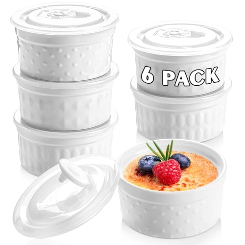 LAERJIN Ramekins 8 oz Oven Safe with Lids,Set of 6 Porcelain Custard Cups Ramiken for Baking, Classic Style Ramekins Bowls,Stackable Ceramic Dishes Bowls for Baking, Pudding, Serving Dip, Ice Cream, Dishwasher and Oven Safe