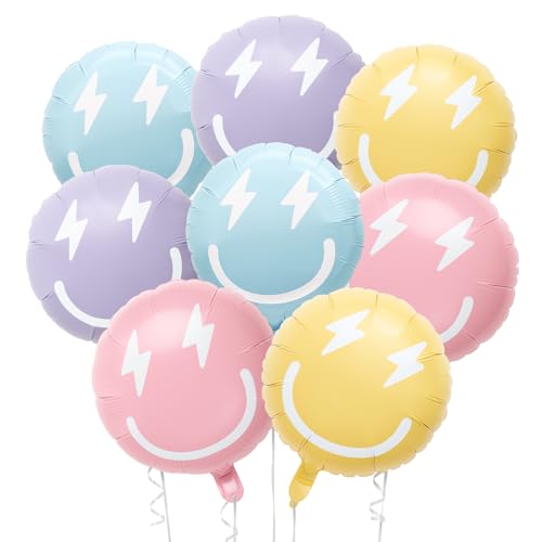 Skylety 8 Pcs Macaron Smile Face Lightning Bolt Preppy Balloons 18 Inch Y2k Pastel Aluminum Foil Balloons for Birthday Bridal Shower Wedding Party Decorations