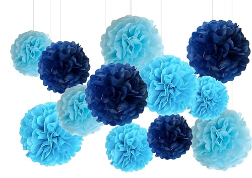 Image of XIKSXITN 12 pc Blue Tissue Paper Pom poms in 3 Colors-Hanging Paper Pom Poms Paper Flowers Ball for Party Decorative(Navy Blue,Blue and Light Blue)