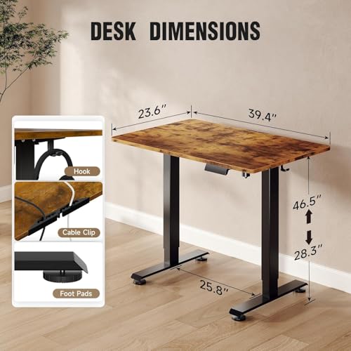 Image of Veken 39.4 inch Small Electric Standing Desk, Height Adjustable Sit Stand Up, Wood Desktop, Work Home Office Computer PC Desks, Writing Study Bedroom Rising Table, Brown