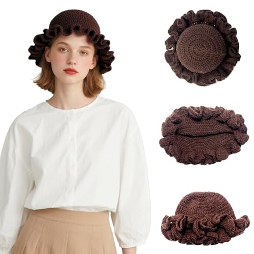 Hshsclth Crochet Hat Knitted Bucket Hats Solid Color Fashion Ruffled Brim Floopy Bucket Hat for Women (US, Alpha, One Size, Brown) - image 3